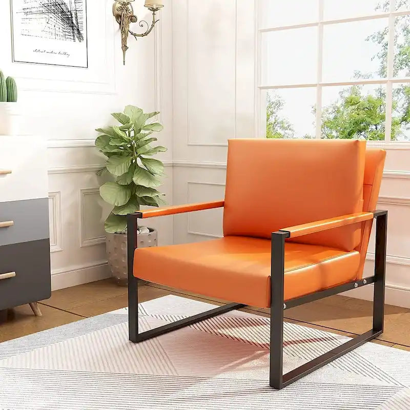 Sillón moderno naranja de cuero sintético PU con respaldo acolchado extra grueso, sillón individual decorativo para sala de estar
