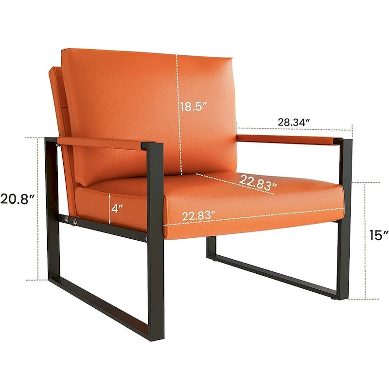 Sillón moderno naranja de cuero sintético PU con respaldo acolchado extra grueso, sillón individual decorativo para sala de estar