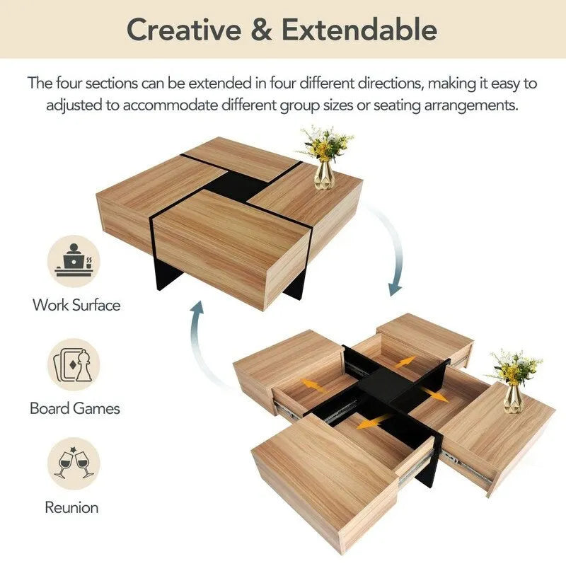 Mesa de centro de diseño único con tablero deslizante extensible