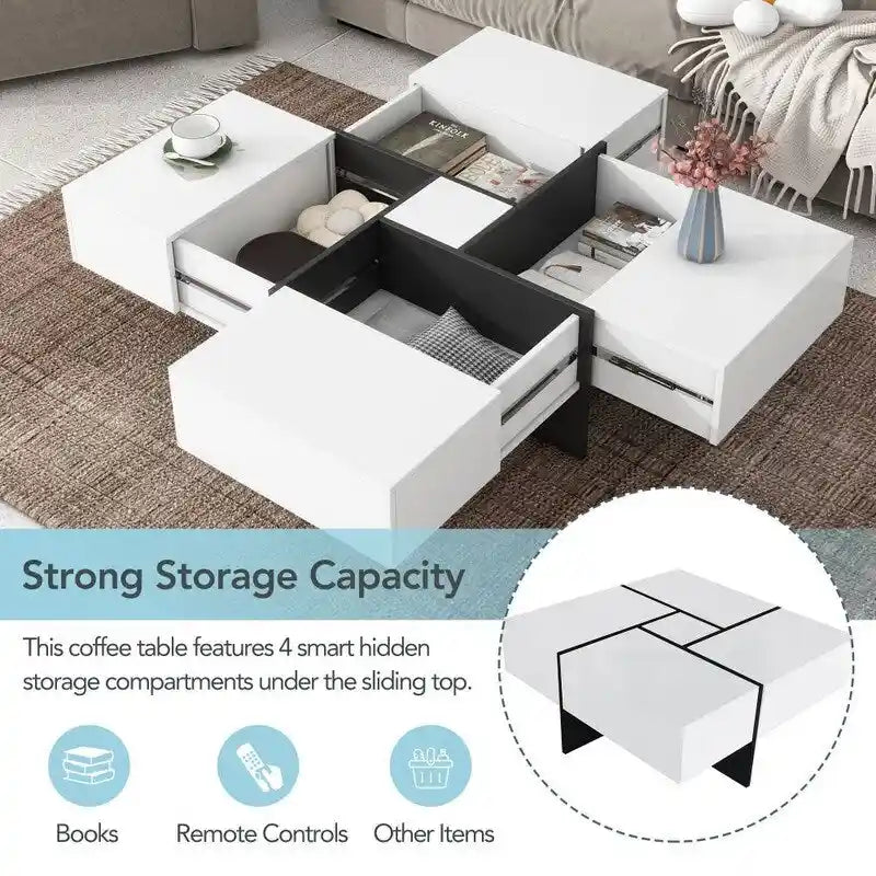 Mesa de centro de diseño único con tablero deslizante extensible