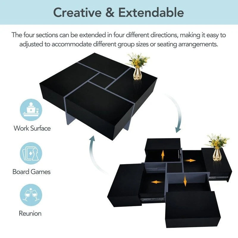 Mesa de centro de diseño único con tablero deslizante extensible