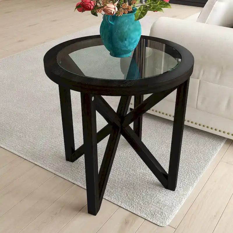 Couchtisch mit Tischplatte aus rundem Klarglas und Gestell aus Massivholz