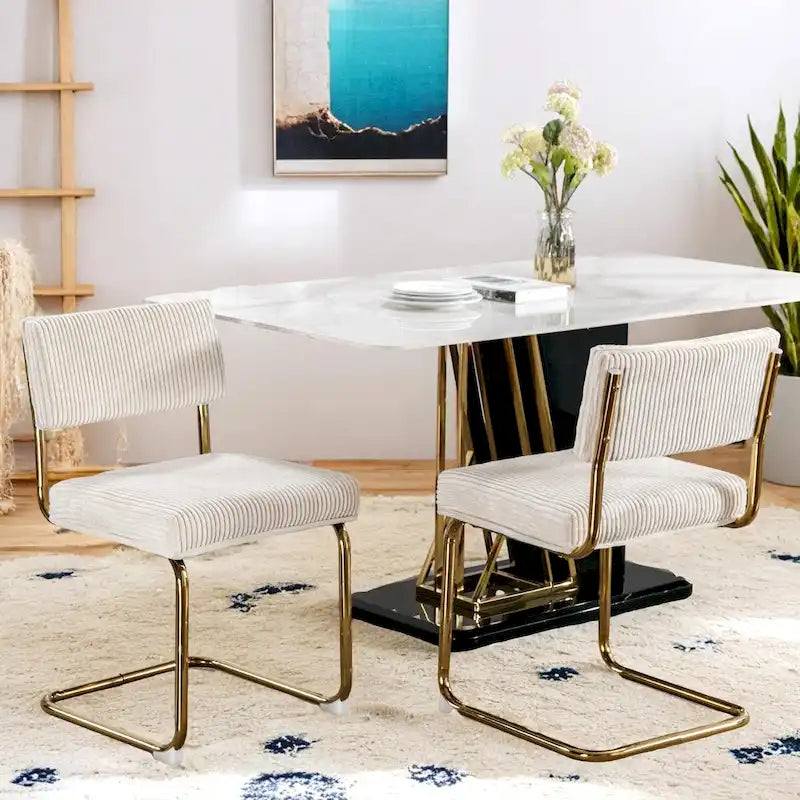 Chaises de salle à manger modernes en velours côtelé avec piètement en métal doré, chaises de cuisine à capitonnage linéaire, chaises d’appoint, lot de 2