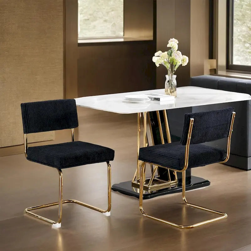 Chaises de salle à manger modernes en velours côtelé avec piètement en métal doré, chaises de cuisine à capitonnage linéaire, chaises d’appoint, lot de 2