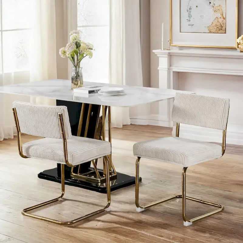 Chaises de salle à manger modernes en velours côtelé avec piètement en métal doré, chaises de cuisine à capitonnage linéaire, chaises d’appoint, lot de 2