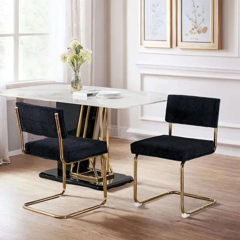 Chaises de salle à manger modernes en velours côtelé avec piètement en métal doré, chaises de cuisine à capitonnage linéaire, chaises d’appoint, lot de 2