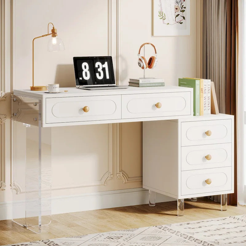 Bureau moderne avec 5 tiroirs et piètement en acrylique
