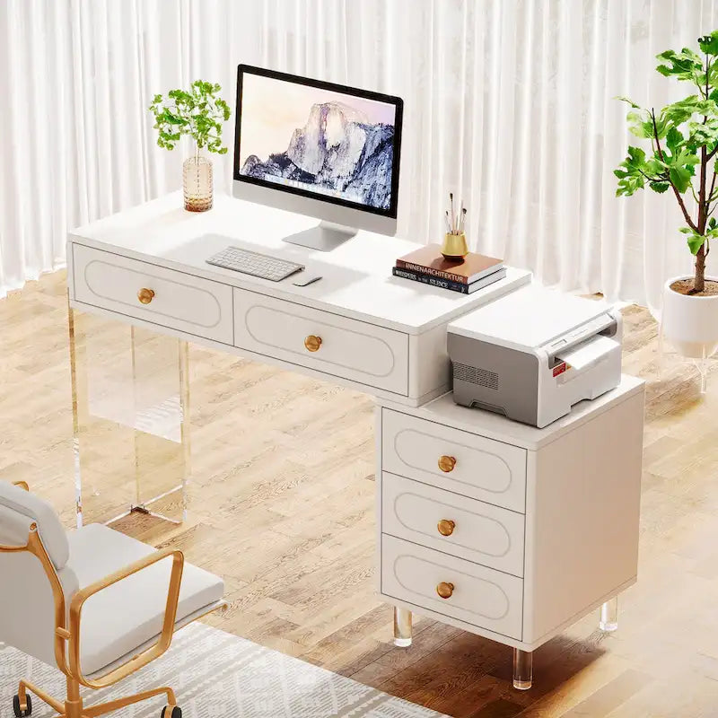 Bureau moderne avec 5 tiroirs et piètement en acrylique