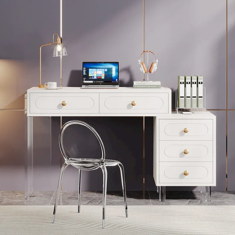 Bureau moderne avec 5 tiroirs et piètement en acrylique