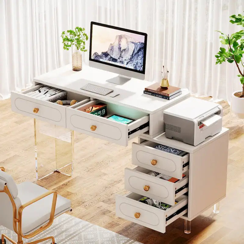 Bureau moderne avec 5 tiroirs et piètement en acrylique